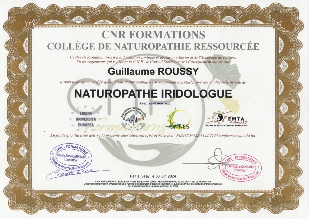 Diplôme, certification naturopathe iridologue